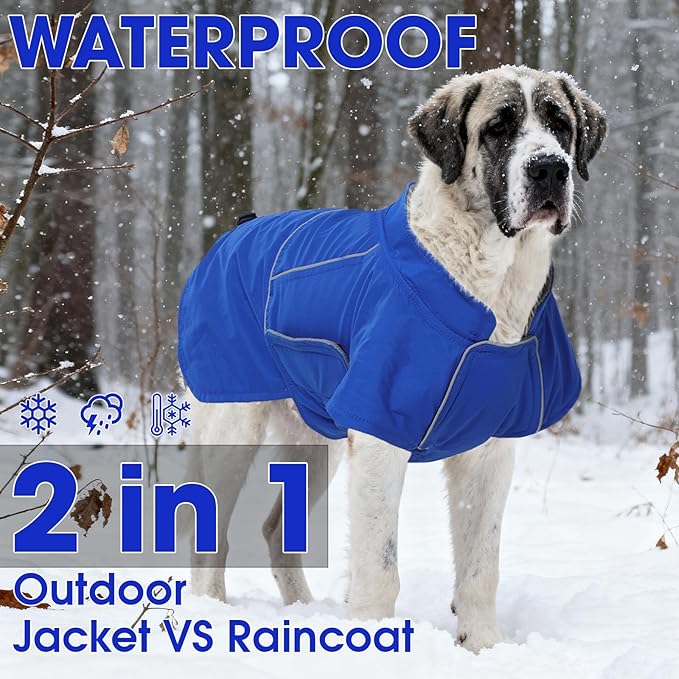 ROZKITCH Great Dane Costumes, Waterproof Windproof Dog Rain Jacket with Fleece Liner and Leash Hole Reflective Strip for Large Giant Dog, Adjustable Poncho Vest for Outdoor Hiking Travel Blue 4XL