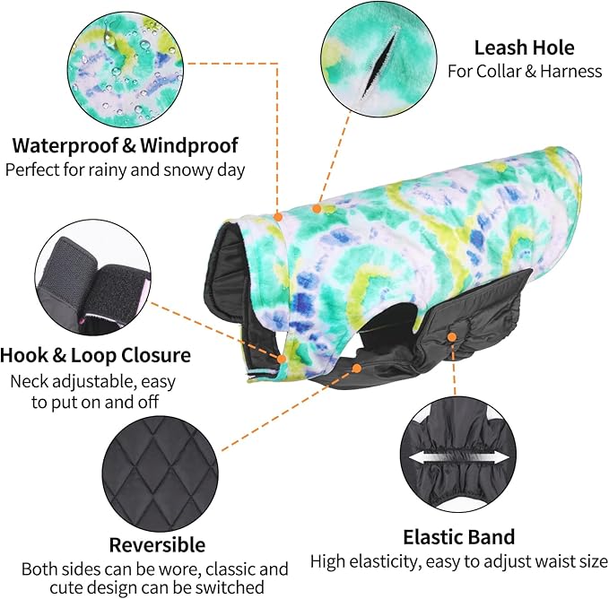 CuteBone Winter Dog Coat - Waterproof Windproof Reversible Vest, Thick Adjustable Cold Weather Jacket for Small Medium Large Dogs, Soft With Leash Hole