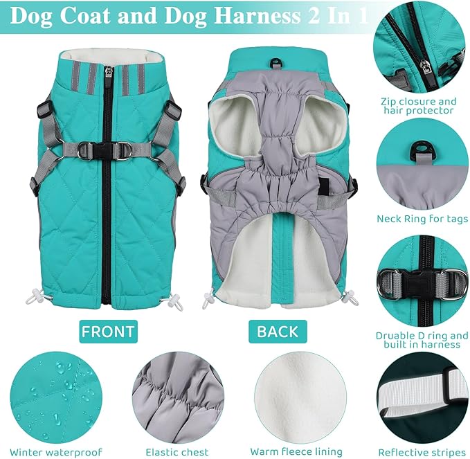 Gyuzh Dog Coat with Harness Dog Jacket Winter Waterproof Dog Coats Dog Harness Coat Cold Weather Winter Dog Coat with Harness Built in for Small Medium Large Dogs