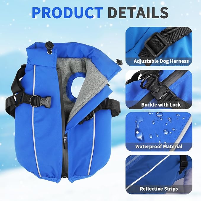 Dog Winter Coat Reflective Water-Resistant Jacket, Fleece Lined Windproof Puppy Coat with Back Zipper & D-Ring, Cold Weather Dog Coats for Small Medium Large Dogs (L, Blue)