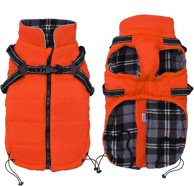 Geyecete Winter Warm Coat Waterproof Dog Winter Jacket with Harness Traction Belt,Pet Outdoor Jacket Dog Autumn and Winter Clothes for Medium, Small Dog-Orange-XS