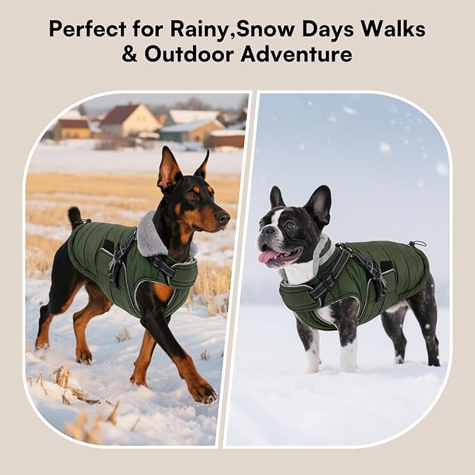 Queenmore Winter Dog Jackets for Extra Large Dogs with Harness Built-in, Waterproof Puffer Coat for Large Breed, Pet Snow Jacket for Winter/Cold Weather - Fleece Easy On Reflective, Green XL