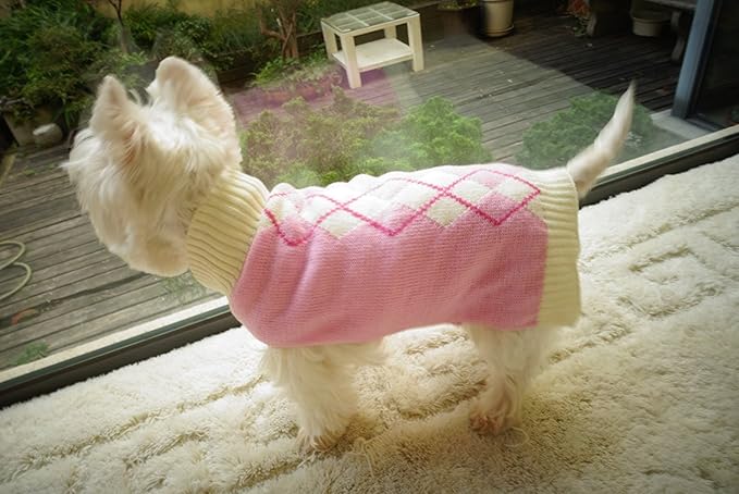 Pink Argyle Knit Dog Sweater for Girl, Pet Clothes for Dog Coat Sweatshirt Large (L) Girth 18-20"