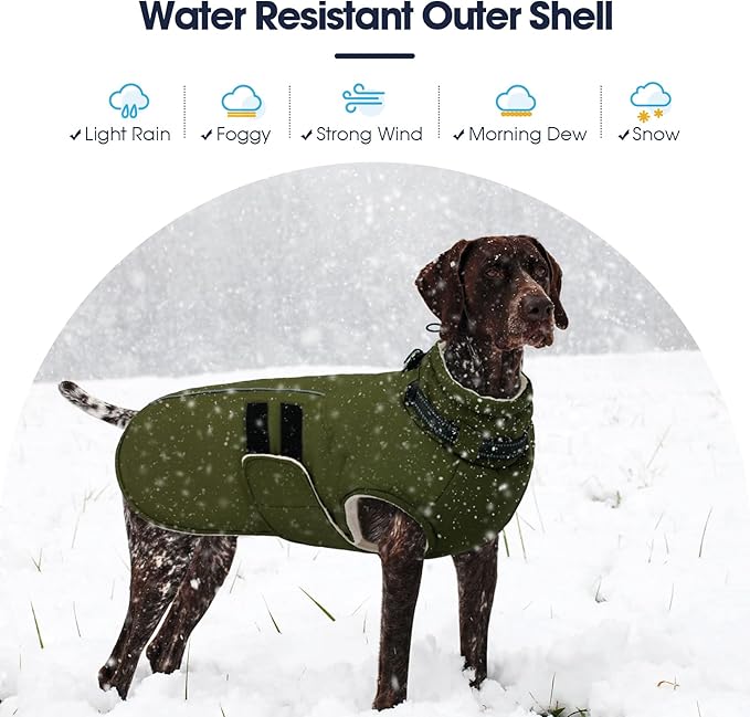 IECOii Waterproof Dog Coat for Medium Dogs, Reflective Dog Jacket with Collar Built in, Thick Fleece Dogs Coat for Winter Easy On Hook & Loop Pet Snowsuit for Hunting, Hiking, Camping, Army Green - L