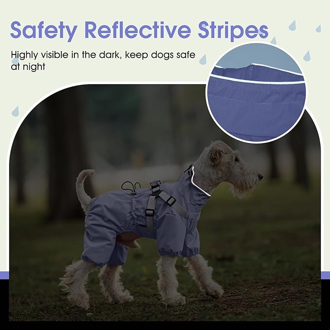 BRKURLEG Dog Raincoat for Small Dogs, Small Dog Rain Jacket with Harness Built in, Waterproof 4 Legs Puppy Raincoats, Puppy Outdoor Jacket with Reflective Strip, Purple, L
