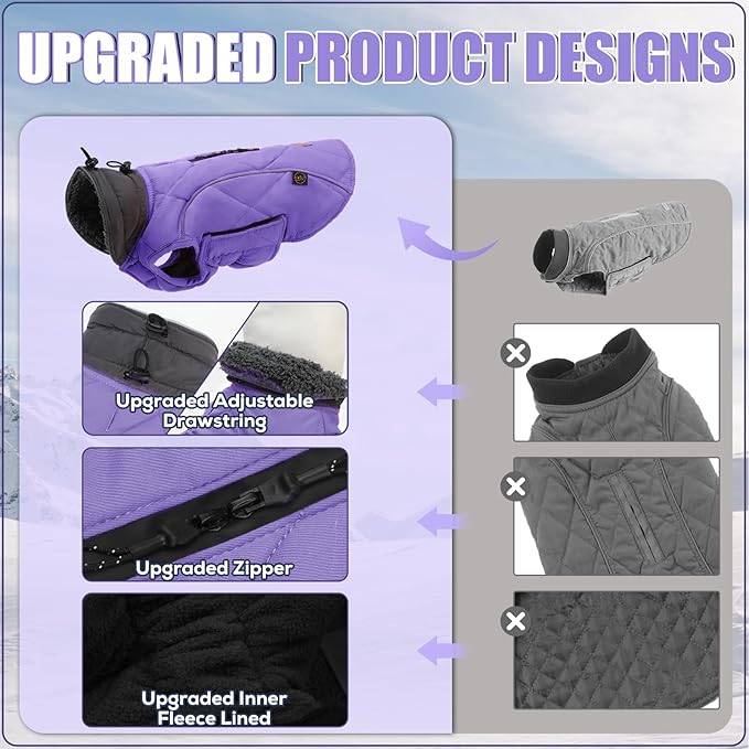 EMUST Winter Dog Coats - Fleece Dog Jacket for Cold Weather, Windproof & Warm, British Style, Purple, XS