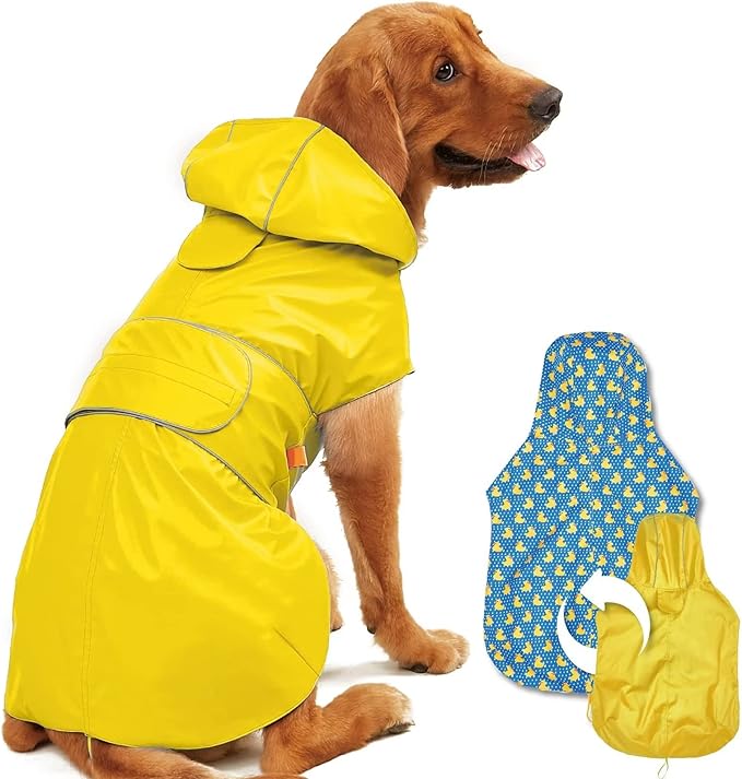 Dog Raincoat Reversible, Single Side Slicker Poncho Adjustable Waterproof Dog Rain Jacket with Leash Hole/Reflective Stripe Hooded Snowproof Windproof Clothes for Small to 3X-Large Dogs, 3XL