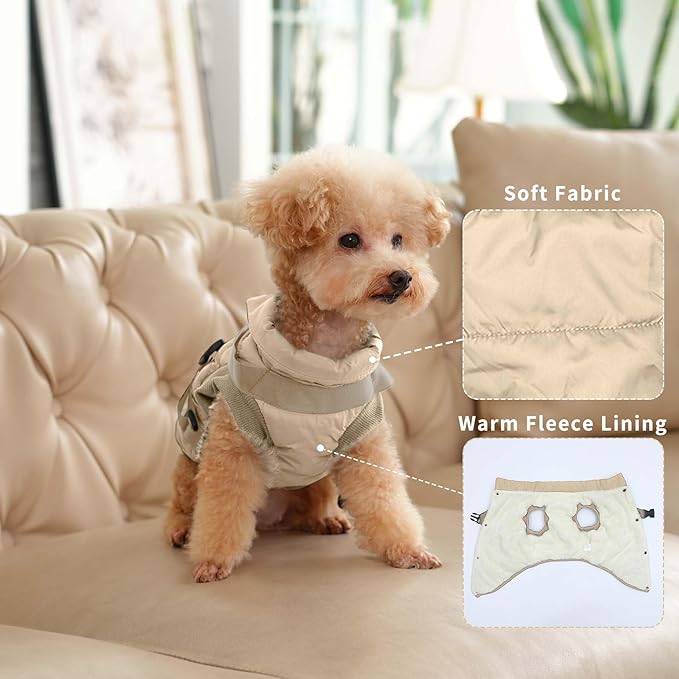 Dog Jacket with Harness,Fleece Lined Warm Puppy Coat for Winter,Soft Windproof Large Dog Vest,Khaki XXL