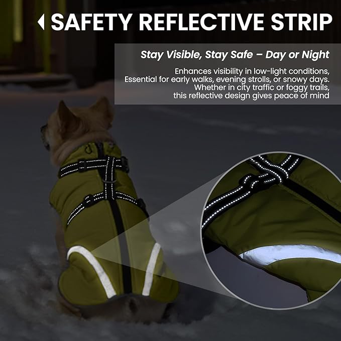 QBLEEV Large Dog Coat, Dog Winter Jacket for Large Dogs, XX-Large Waterproof Cold Weather Vest with Built-in Harness, Zipper & Reflective, Windproof Thick Warm Fleece Snowsuit Clothes, Green, XXL