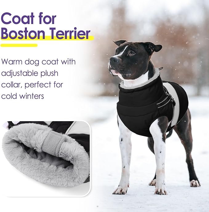 SUNFURA Small Dog Coat with Harness Built in, Warm Dog Jacket Winter with Zipper On Back, Waterproof Pet Snow Jacket Snowsuit Pet Sweater Clothes for Schnauzer, Yorkshire Terrier, Black S