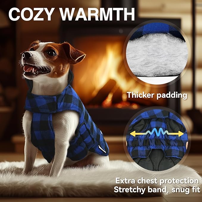 VIVAGLORY Softjoy Dog Coat, Dog Jacket for Winter & Christmas, Coat with Harness Hole & Velcro Closure, Reversible Plaid Checkered Warm Fluffy Heavy Duty for Puppy, S, Sapphire Blue Plaid