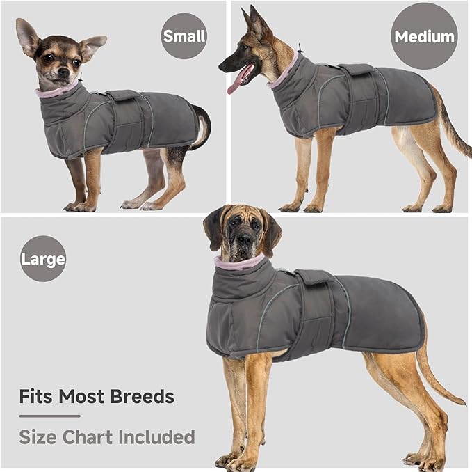 Dog Winter Coat for Small to Large Dogs(XS-XXXL)– Waterproof Windproof Fleece Lined Jacket with Reflective Trim,Pet Vest with Adjustable Buckles, Machine Washable Grey M