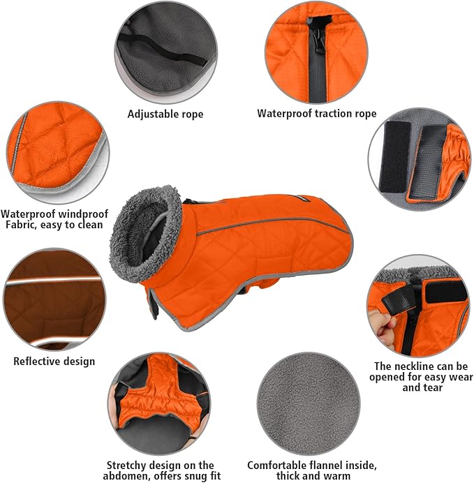 Fragralley Dog Coat Large, Waterproof Dog Jacket with Warm Fleece Lining, Adjustable Reflective Dogs Winter Coat, Turtleneck Pet Coats for Cold Weather (Orange XXXL)