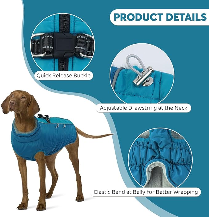 IDOMIK Warm Dog Coat with Harness, Waterproof Reflective Dog Jackets for Small Medium Large Dogs, Fleece High Collar Winter Jacket with Zipper, Pet Winter Snowsuit Clothes for Cold Weather,Blue S