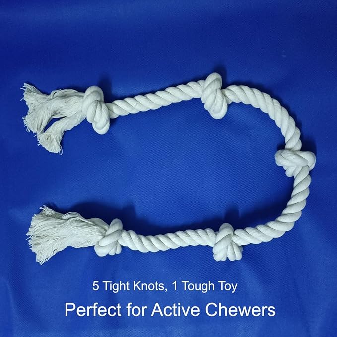 35" Dog Tug Toy – Strong 5-Knot White Cotton Rope for Active Chewers, Washable & Safe, Great for Indoor & Outdoor Play, Dental Cleaning, Medium & Large Dogs (22–88 lbs)