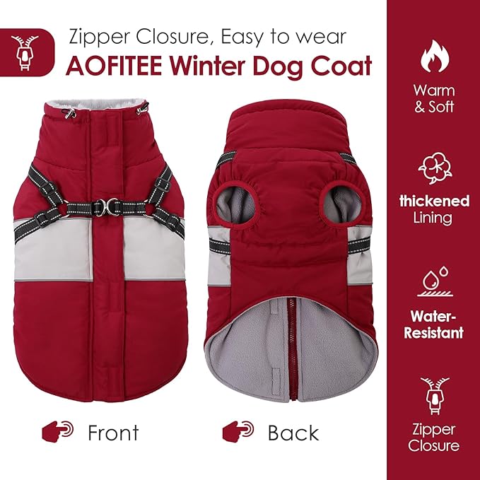 AOFITEE Dog Coat, Large Dog Jacket, Dogs Coat with Harness Built in, Reflective Waterproof Dogs Jackets Winter with Furry Collar, Warm Polar Fleece Pet Sweater Snowsuit for Doberman, Great Dane XXXL