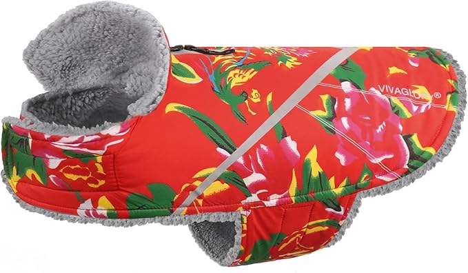 VIVAGLORY Snowrap Dog Coat, Jacket with Harness Hole & Velcro Closure, Dog Coat for Winter & Cold Weather, Fluffy Warm Fleece Lined Reflective Water Resistant for Puppy, S, Northeast Florals-Red