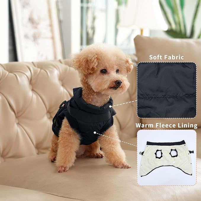 Dog Jacket with Harness,Fleece Lined Warm Puppy Coat for Winter,Soft Windproof Small Dog Vest,Black M