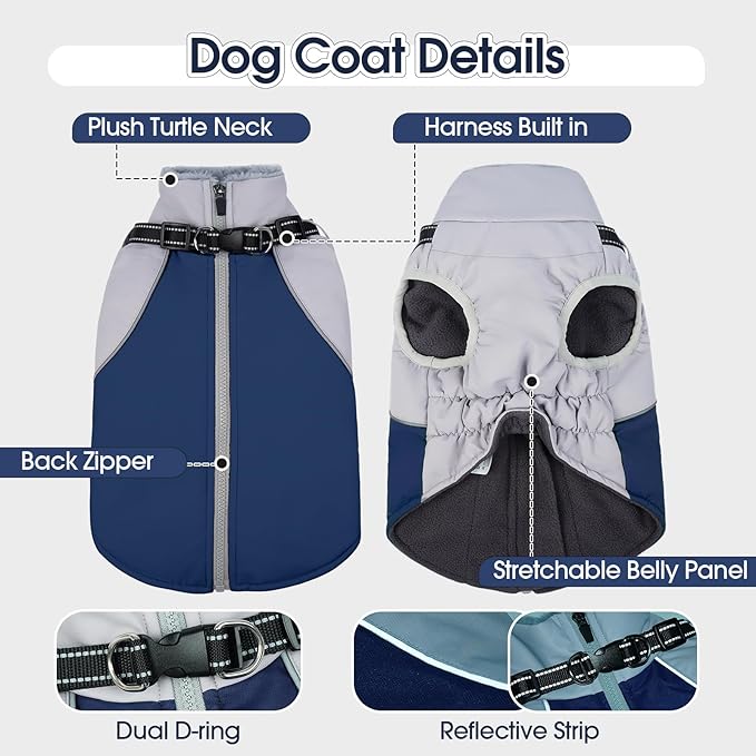 DENTRUN Dog Coat with Harness Built in, Easy On/Off Zipper Closure Winter Dog Vest, Water-Repellent Fleece Lined Warm Jacket with Reflective for Medium Dogs, Dark Blue, L