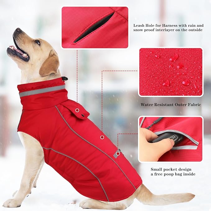 Doglay Dog Winter Coat, Waterproof Dog Jacket with Pocket, Reflective Turtleneck Pet Winter Jackets, Warm Puppy Snow Jacket for Small Medium Large Dogs