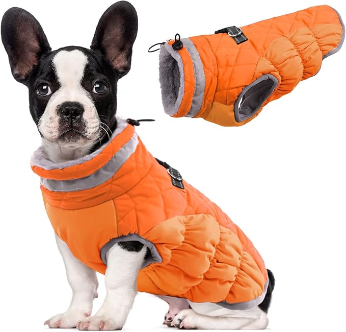Lelepet Dog Coat Warm Dog Winter Coat Waterproof Dogs Jacket with Harness Built in Reflective Pet Fleece Vest Zip-Up Cold Weather Coats for Small Dogs Turtleneck & Windproof Yorkie Blaze Orange S