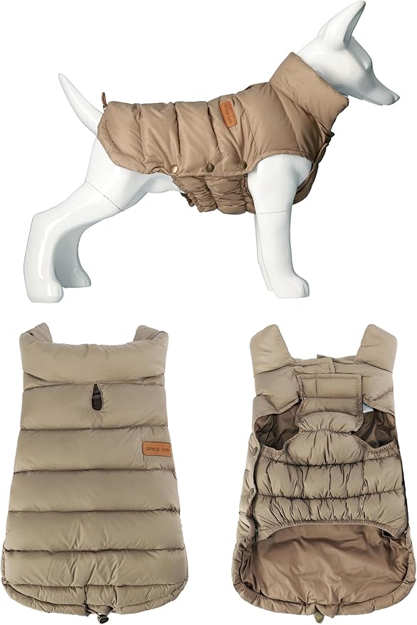 SPACE LION Dog Puffer Jacket, Down Winter Coat, Durable Outdoor Coat for Cold and Windy Conditions, Waterproof, Lightweight Jacket, Adjustable Fit for Small, Medium, Large Dogs(Khaki,16/XL)