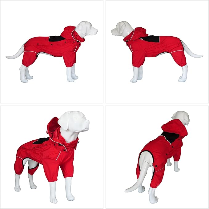 LOVELONGLONG Fleece-Lined Dog Raincoat with Removable Hood – Waterproof Winter Full Body Dog Jacket – Windproof Snowproof Cold-Weather Suit – Red-F 3XL