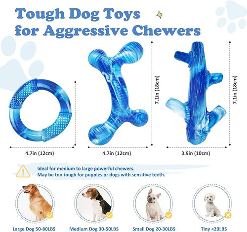 3Pack Dog Toys for Aggressive Chewers Dog Chew Toy Tough Dog Toys to Keep Them Busy Bacon Flavor Teething Chew Toys & Dental Health for Large Medium Small Breeds (Blue)