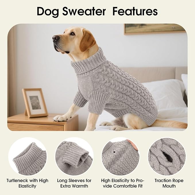 SAWMONG Dog Sweater, Dog Sweaters for Small Dogs Girls Boys, Pullover Turtleneck Knitted Doggy Sweatshirt, Cold Weather Pet Clothes（Grey, Small
