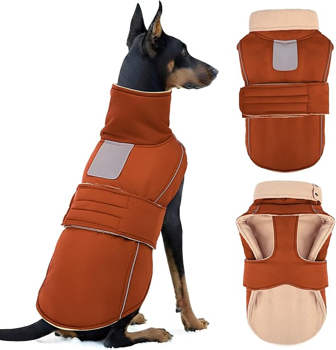 ASENKU Warm Dog Coat, Waterproof Dog Jackets for Large Dogs with Reflective Fleece Vest Turtleneck with Button, Windproof Cold Weather Coats for Small Medium Large Dogs, Red Brown, L