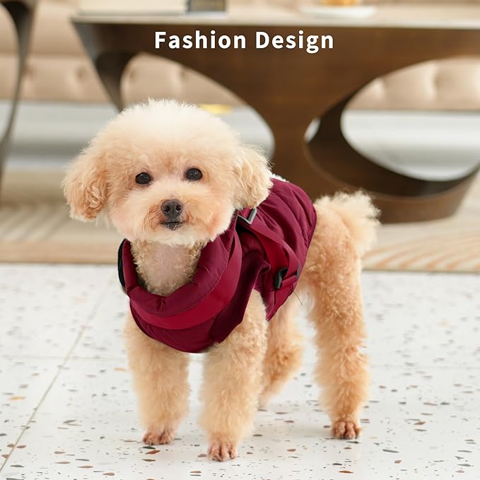 Dog Jacket with Harness,Fleece Lined Warm Puppy Coat for Winter,Soft Windproof Small Dog Vest,Red M