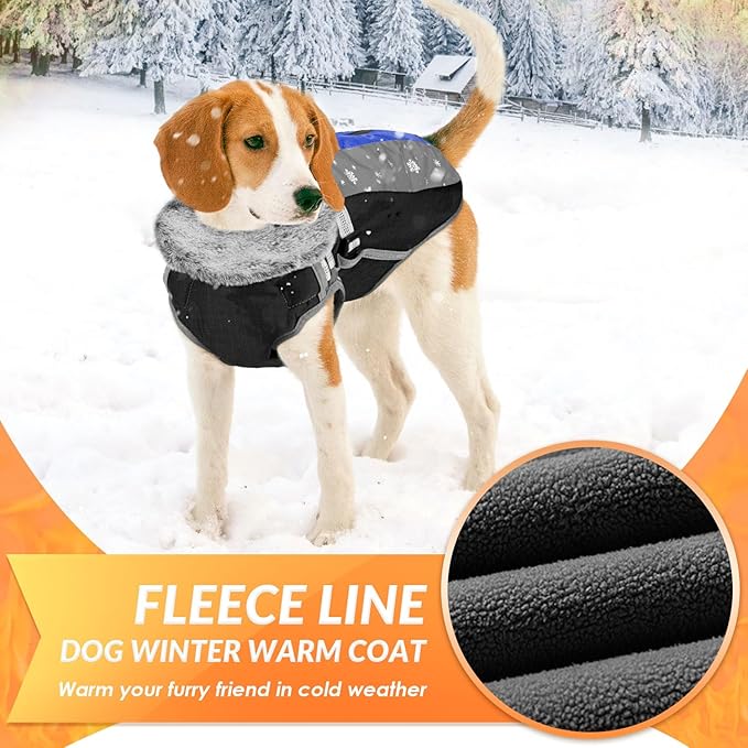 SlowTon Dog Jacket with Harness Built in - Waterproof Fleece Winter Warm Dog Coats for Small Medium Dogs, Reflective Adjustable Furry Puppy Vest Clothes for Outdoor Walking (Blue,S)