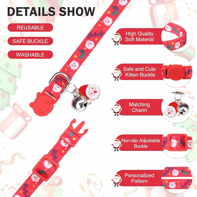 3 Pack Christmas Cat Collars Breakaway with Bell & Charm-Holiday Cat Collar for Girl Boy Cats with Safety Buckle- Cute Santa Snowman Kitten Collar Adjustable 8"-12" for Kitty Puppy Small Pets