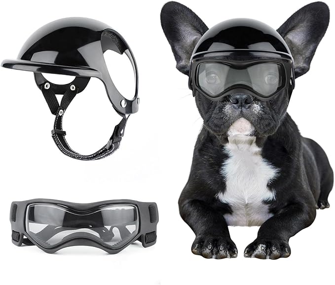 Dog Helmet and Goggles for Small Dogs - Pet Goggles Pet Motorcycle Helmet Hat with Ear Holes Adjustable Straps Safety Helmet for Puppy Riding - Black