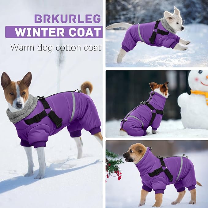BRKURLEG Purple Dog Coat with Harness, Dog Winter Jacket, Dogs Onesie Body Warm Jackets, Small Dogs Winter Coats Reflective Windproof Warm Cold Weather Coats, Pet Waterproof Jackets, S