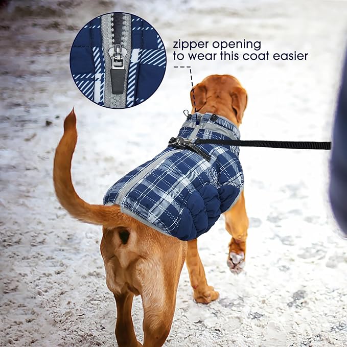 FUAMEY Dog Coat for Small Dogs,Waterproof Dog Winter Jacket with Harness Built in Puppy Cold Weather Coats Reflective Pet Vest with Zipper Warm Fleece Dogs Snowsuit Windproof Blue Plaid XS