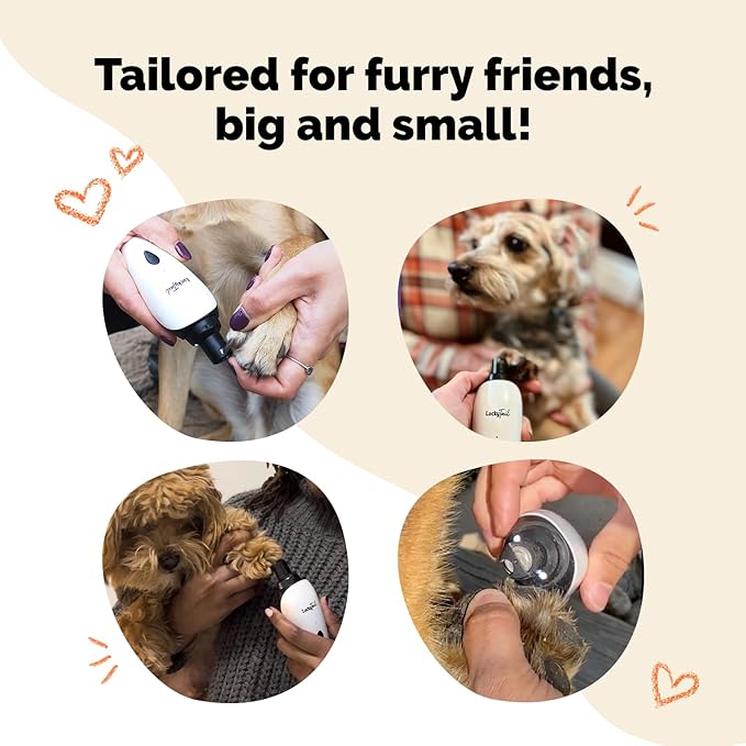 LuckyTail Pet Nail Grinder for Dogs and Cats - Super Quiet and Low Vibration Electric Dog Nail Grinder with 2 LED Lights - USB Rechargeable and Cordless - 2 Speeds - Small to Large Pets