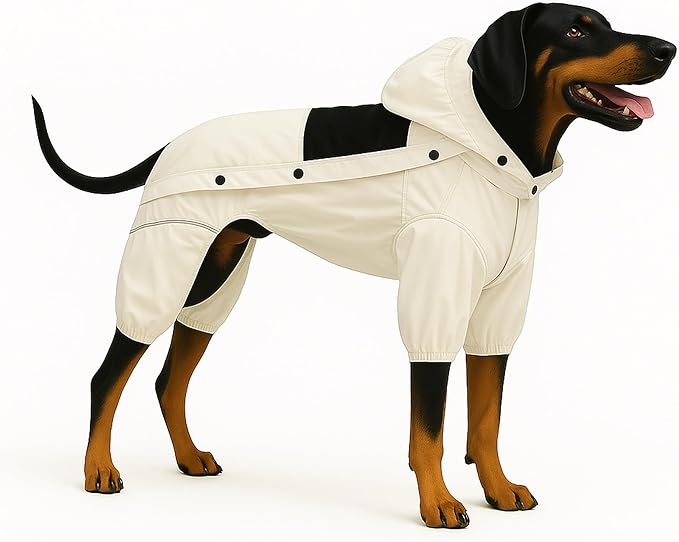 LOVELONGLONG Waterproof Dog Raincoat with Removable Hood – Outdoor Full Body Dog Jacket, Windproof Snowproof Shell Suit – All Season Pet Rain Gear Ivory 3XL