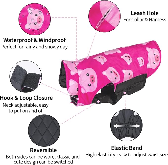CuteBone Winter Warmth Reversible Jacket for Dogs - Waterproof, Windproof, Thick, Adjustable Soft Comfort Coat with Leash Hole for Small, Medium, Large Dogs