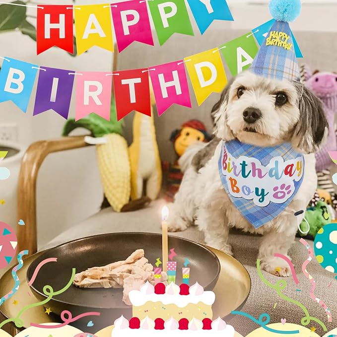 SCENEREAL Dog Birthday Bandana Hat Set, Puppy Birthday Party Supplies for Boys Dogs, Pet Birthday Scarf Outfit with Sign Banner and Balloons for Small Medium Large Dogs