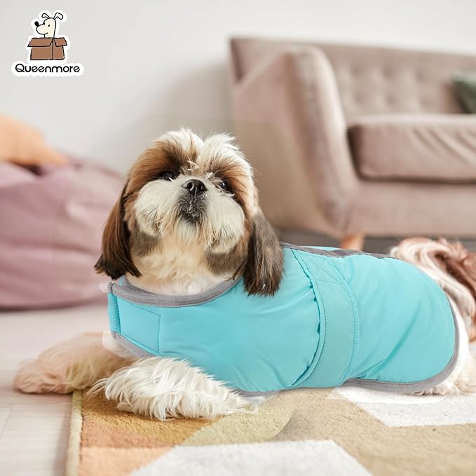Queenmore Winter Coat, Fleece Puffer Down Vest, Cold Weather Pet Jacket, Waterproof Reflective Reversible Sweater Clothes for Small, Medium and Large Dogs (Light Blue, S)
