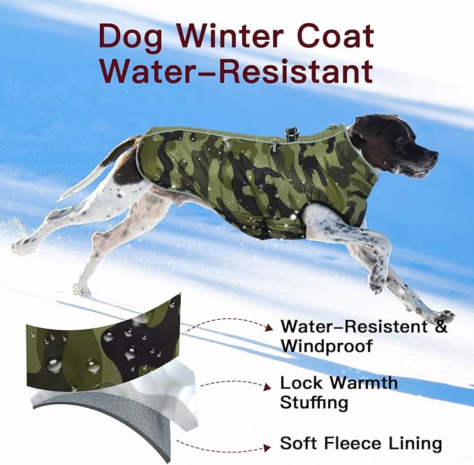 Dog Coat - Warm Zip Up Snowsuit for Large Dogs, Reflective, Water-Resistant, Camouflage