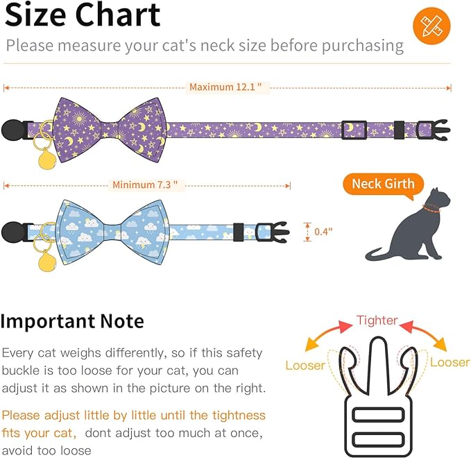 2 Pack Cotton Cat Collar with Bow Tie and Bell for Girl Boy Cats,Cute Purple Moon and Blue Cloud Pattern Spring Summer Breakaway Cat Collar for Male Female Cats(Moon&Cloud)