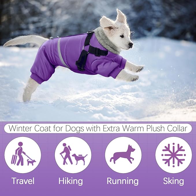 BRKURLEG Purple Dog Coat with Harness, Dog Winter Jacket, Dogs Onesie Body Warm Jackets, Small Dogs Winter Coats Reflective Windproof Warm Cold Weather Coats, Pet Waterproof Jackets, S