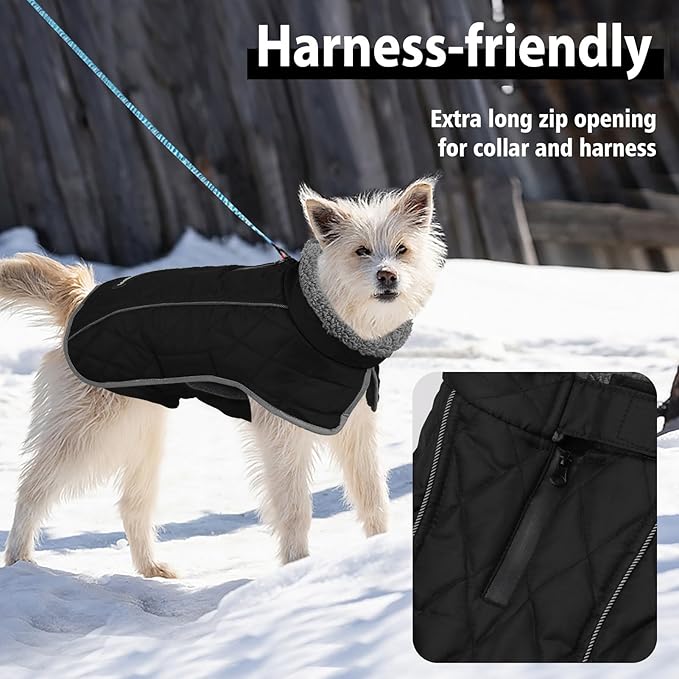 Fragralley Dog Coat Large, Waterproof Dog Jacket with Warm Fleece Lining, Adjustable Reflective Dogs Winter Coat, Turtleneck Pet Coats for Cold Weather (Black XXL)