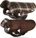VIVAGLORY Softjoy Dog Coat, Dog Jacket for Winter & Christmas, Coat with Harness Hole & Velcro Closure, Reversible Plaid Checkered Warm Fluffy Heavy Duty for Puppy, XXS, Coffee