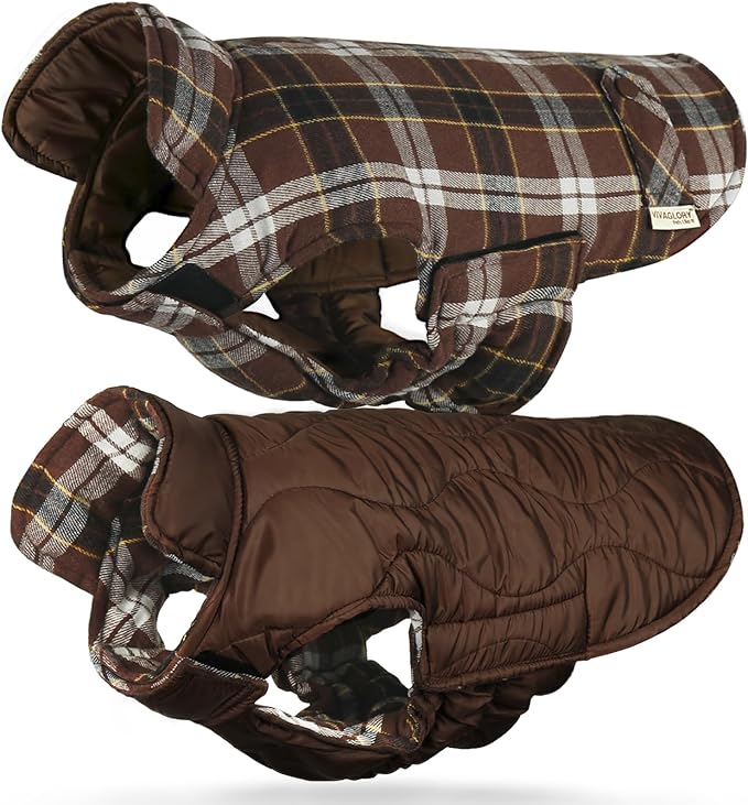 VIVAGLORY Softjoy Dog Coat, Dog Jacket for Winter & Christmas, Coat with Harness Hole & Velcro Closure, Reversible Plaid Checkered Warm Fluffy Heavy Duty for Puppy, M, Coffee