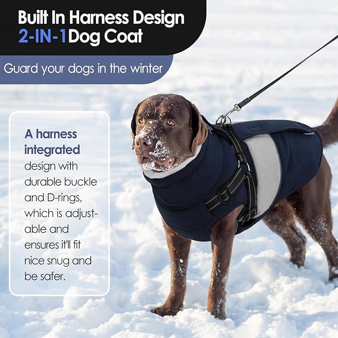 AOFITEE Dog Winter Coat, Dog Coat with Harness Built in, Dogs Jacket for Large Dogs, Reflective Waterproof Pet Puffer Jacket Snowsuit, Warm Fleece Windproof Pet Sweater for Cold Weather, XL