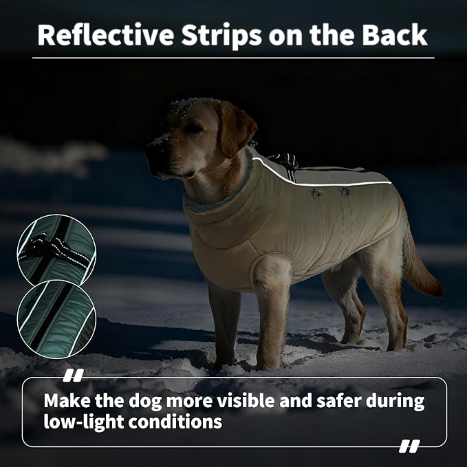 IDOMIK Warm Dog Coat with Harness, Waterproof Reflective Dog Jackets for Small Medium Large Dogs, Fleece High Collar Winter Jacket with Zipper, Pet Winter Snowsuit Clothes for Cold Weather,Khaki L
