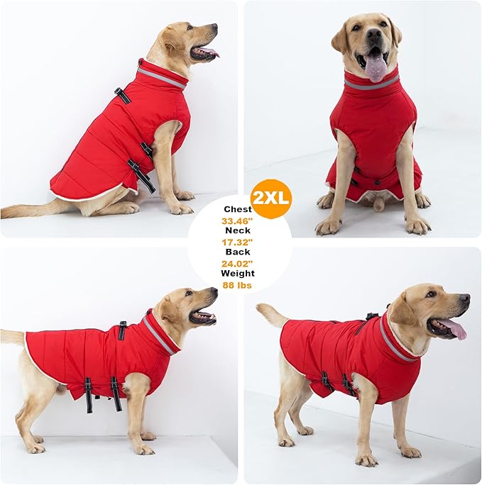 Medium Dog Coat with Harness Built-in, Waterproof Reflective Fleece Lined - Warm Windproof Winter Jacket with Back Zipper, Cold Weather Snow Dog Coats - Red - M